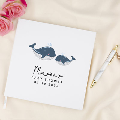 Livre d'or personnalisé pour fête de naissance avec accents dorés, nom personnalisé de baleine, date, livre d'invités blanc dans le registre 120 pages 8,5 x 8,5 souvenirs pour bricolage, album, album photo