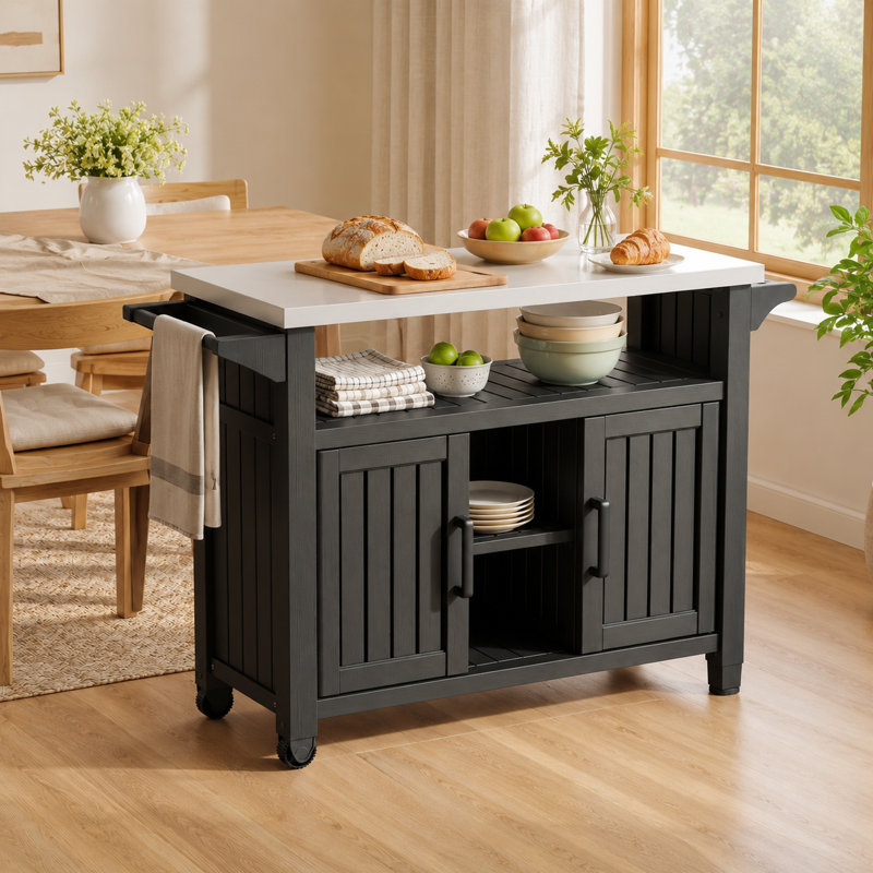 54" Multifunctional Mobile Kitchen Island Cart With Stainless Steel Top & Storage