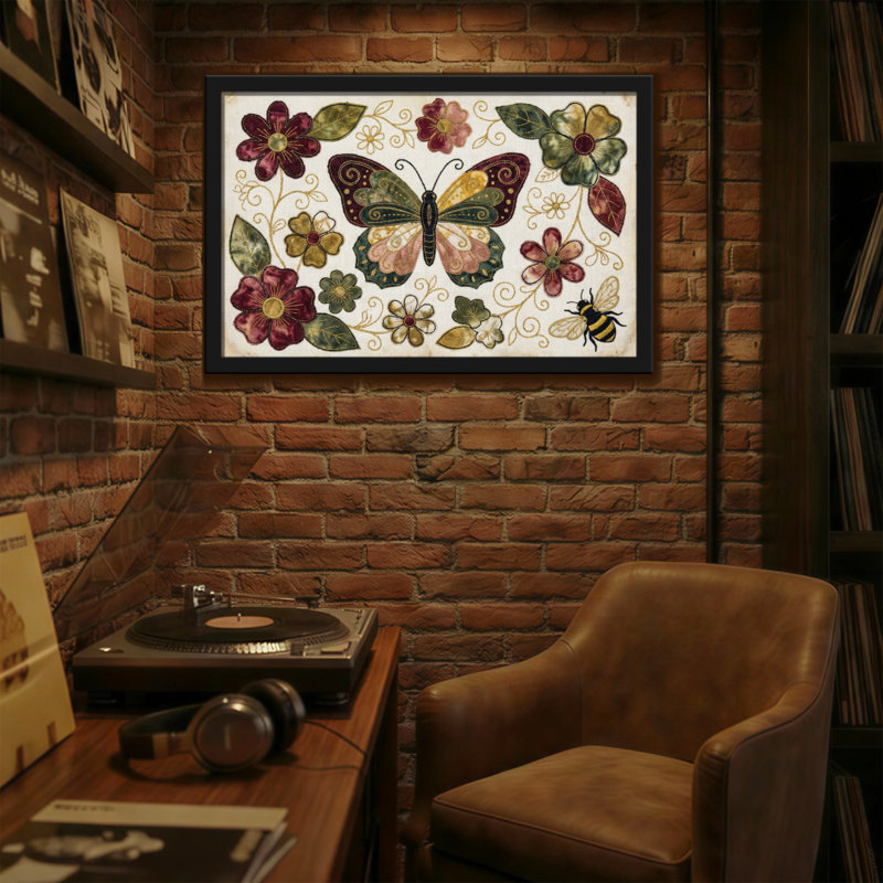 Animaux, papillon, fleurs, feuilles, abeille et motif, H 16 po x l 24 po