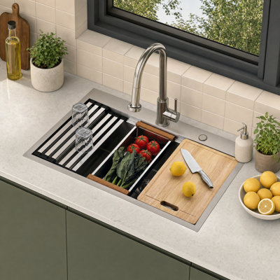 30 In. Drop-in Workstation Kitchen Sink, 304 Stainless Steel Single Bowl With Cutting Board, Roll-up Rack, Drain Tray, Bottom Grid And Drain Assembly