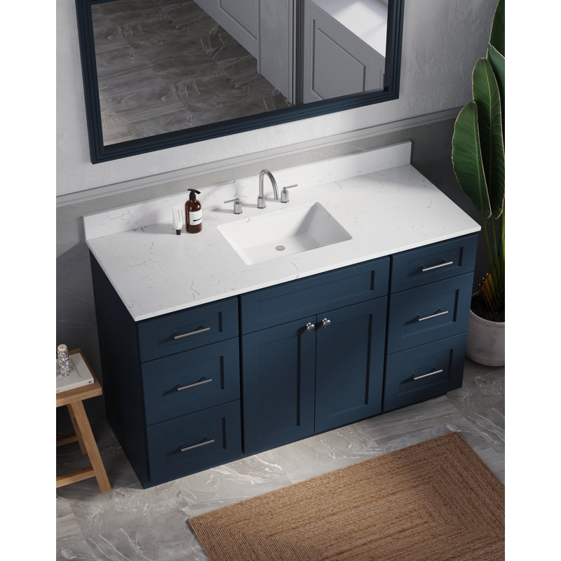 Meuble-lavabo simple autoportant 54 po avec comptoir en quartz de Carrare 54 po, 6 tiroirs, Bleu
