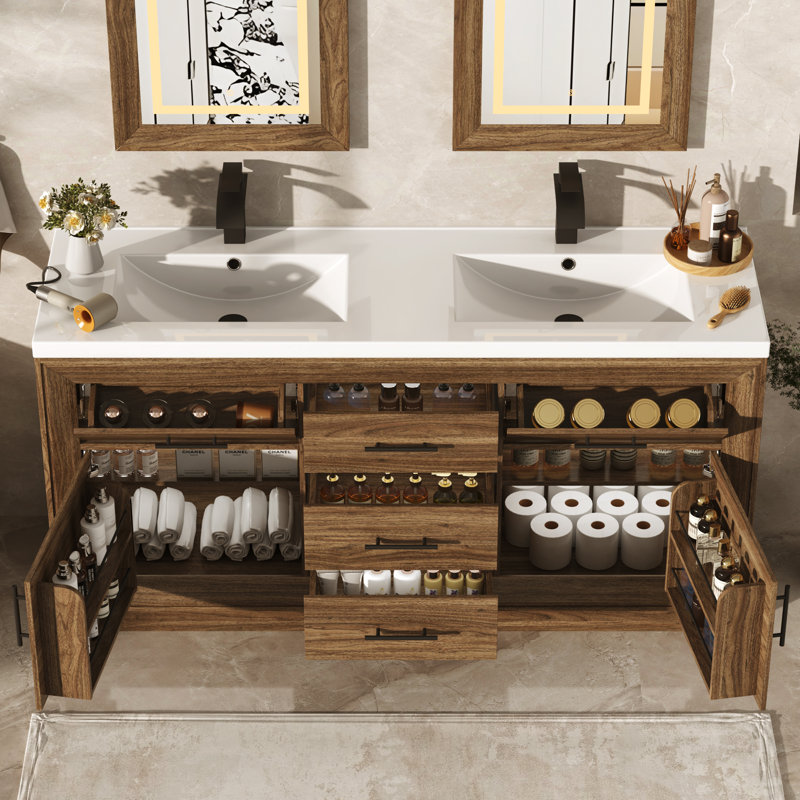Meuble-lavabo double 60 po avec plateau en résine, robinets, 2 miroirs à DEL, meuble-lavabo avec plateaux et tiroirs inclinables