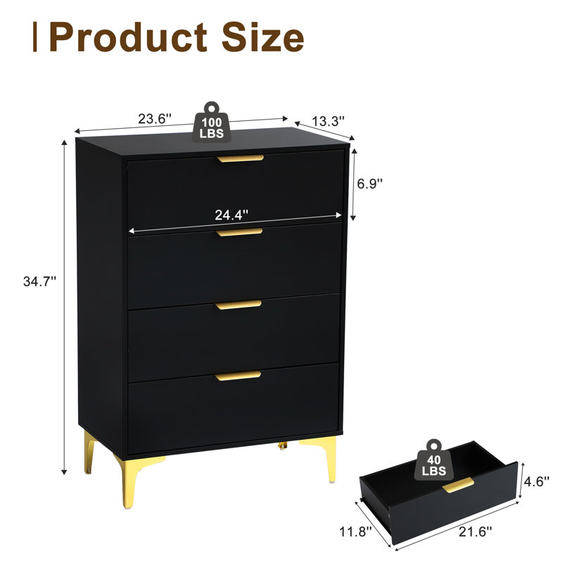 Commode 4 tiroirs pour la chambre à coucher, unité de rangement pour armoire de rangement, commode, Noir