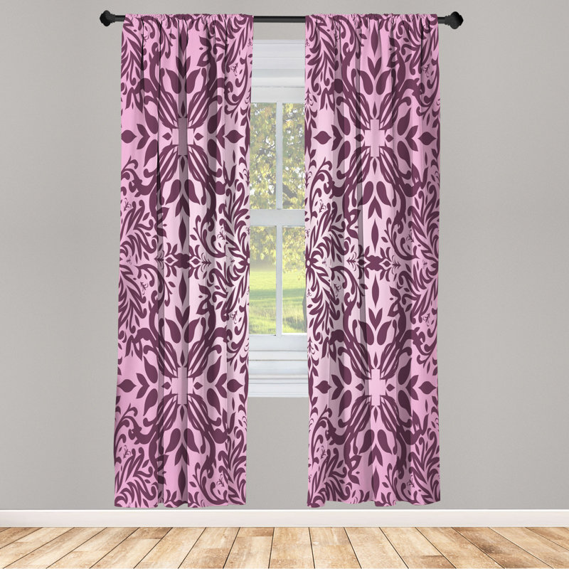 Microfiber Floral Semi-Sheer Rod Pocket Curtain Panels, 28" W x 95" L, Eggplant/Flamingo Pink