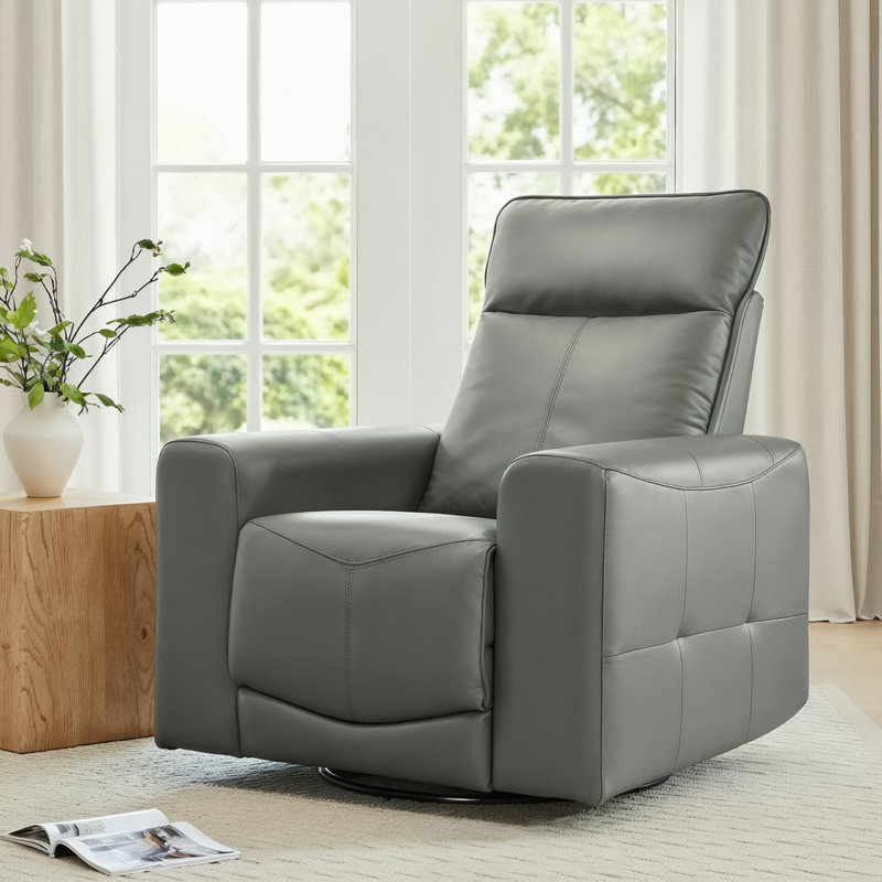 Weddel 37.2" wide Genuine Leather Modern Power Recliner with Swivel and Glider, Gray Genuine Leather 
