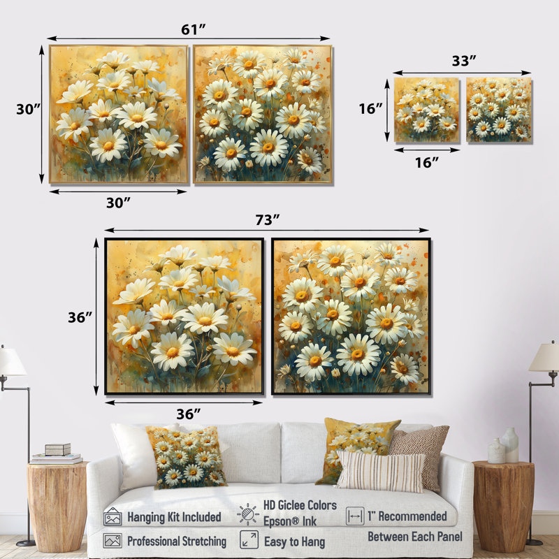 Jaune et blanc, marguerites d'été, fleurs, explosion III - marguerites, art mural - ensemble de 2 décorations murales traditionnelles