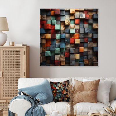 Blue And Red Abstract Cubes II - Abstract Cubism Metal Wall Art Print