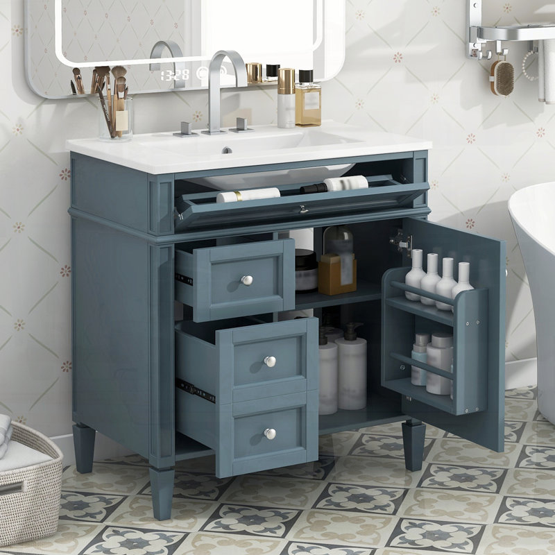 Meuble-lavabo moderne avec tiroirs supérieurs, Bleu gris, Argent argent