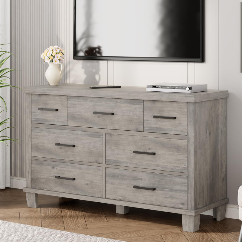 Modern 7 Drawer Wide Wooden Dresser – 51 Inch Large Storage Chest with Metal Handles, Durable & Stylish for Bedroom, Living Room, Closet, Nursery (Wood Grain Gray)