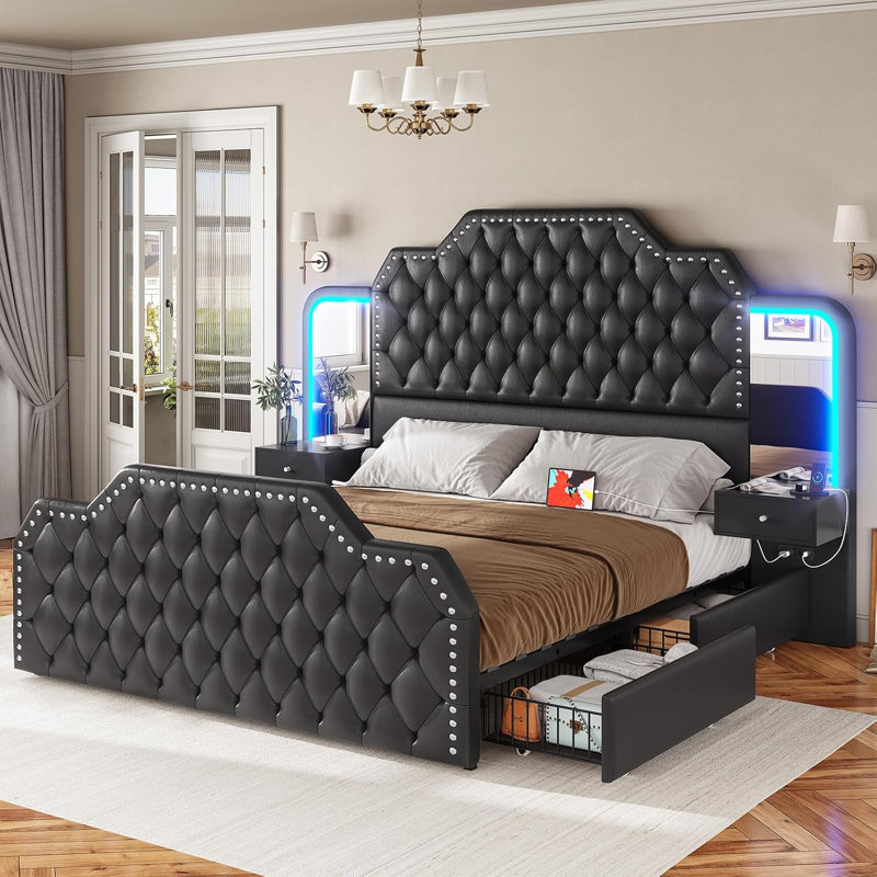 Karlton Platform Bed with Fabric Upholstered Headboard 4 Storage Drawers LED Tall Platform Bed Frame, Queen, Black