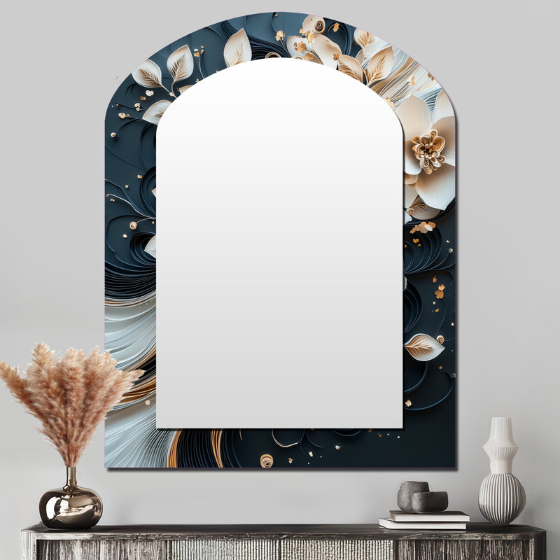 Pivoine blanche blanche à encre liquide III - Grand miroir mural arqué sur métal, 43 po x 33 po