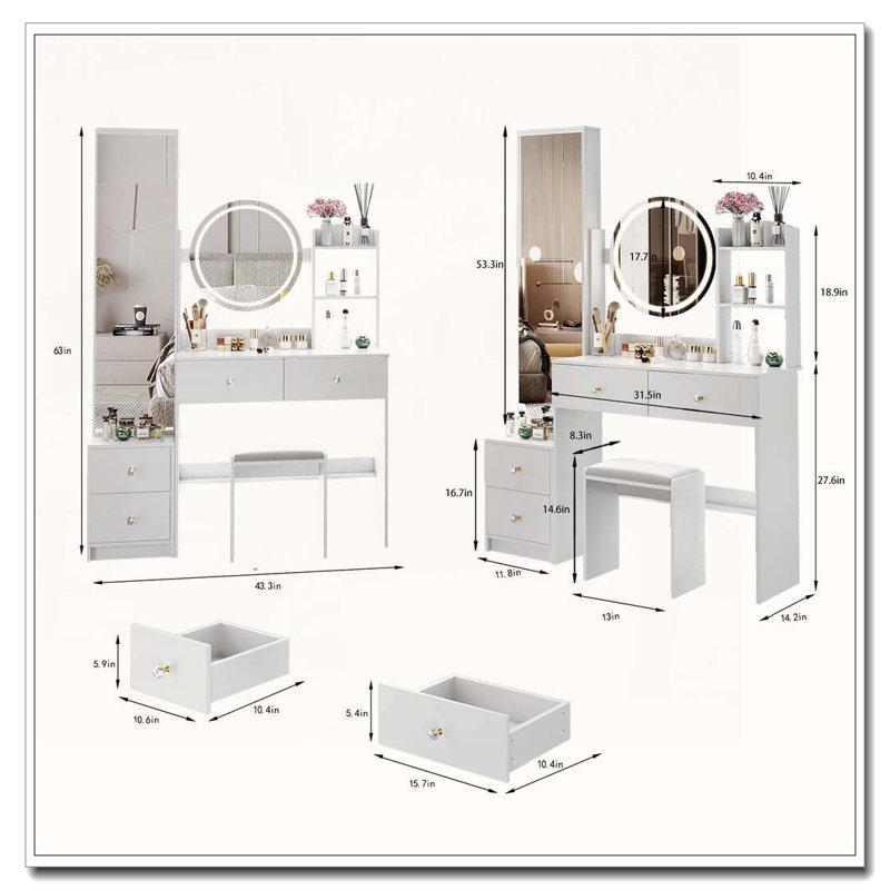 Bureau de maquillage avec miroir, lumières DEL et tabouret pour les chambres à coucher et les salles de bain modernes, Blanc