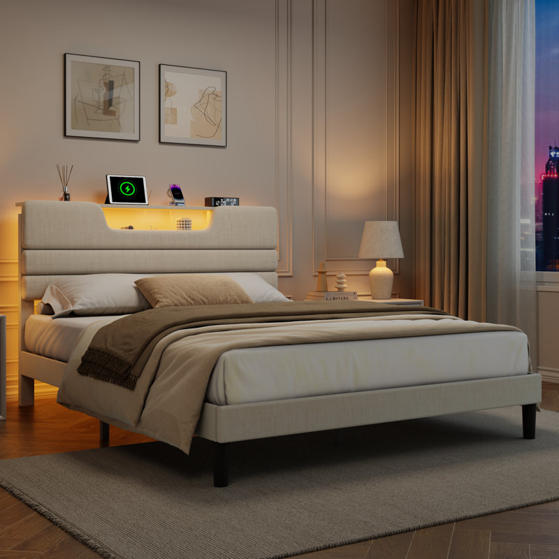 Upholstered Bed Frame with 2 Storage Drawers, Modern Queen Platform Bed with Charging Station & LED Light, No Spring Box Needed