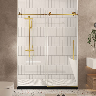 Frameless shower door 56-60 "W x 76" H, 1/4 "(6 mm) Clear Tempered Glass, Explosion Proof Film, Stainless Steel Handle,Brushed Gold