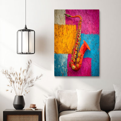 «Vibrant Saxophone Pop Art», art sur toile prêt à être accroché - salon éclectique