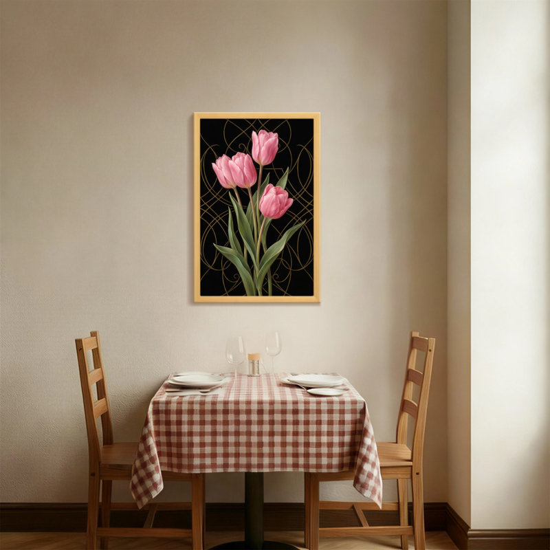 Plantes et fleurs tulipes roses sur fond noir avec motif doré, H 12 po x l 18 po