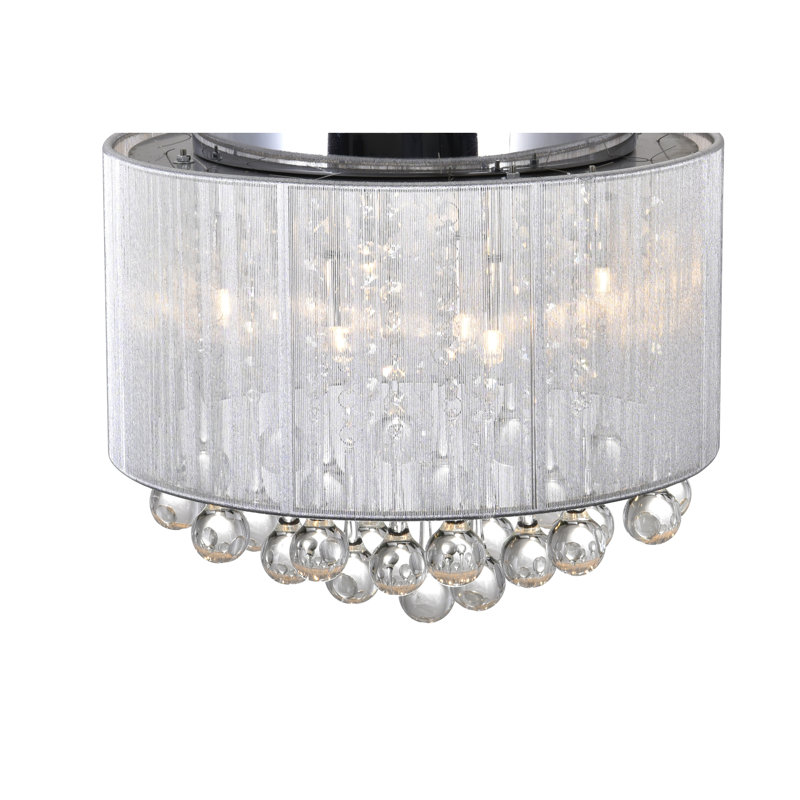 6 Light 14in Flush Mount Chrome Frame & Silver Shade with Crystal Drops, Silver
