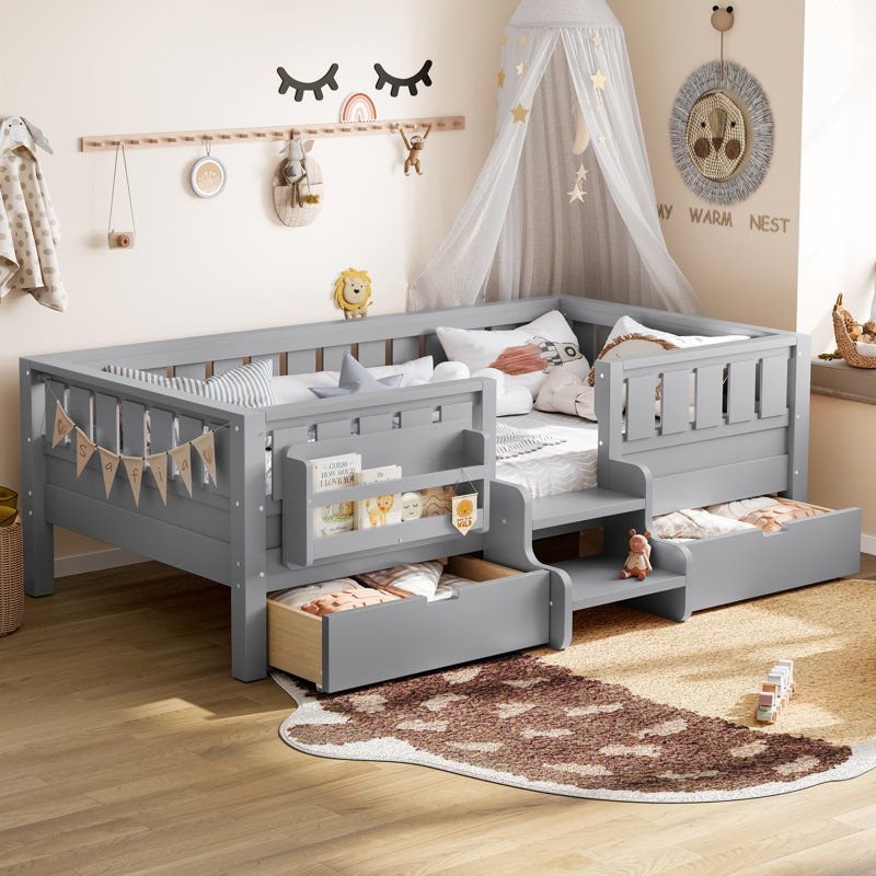 Lit simple pour enfants avec tablettes intégrées, tiroirs de rangement, escalier de sécurité et rails, bois de pin, gris