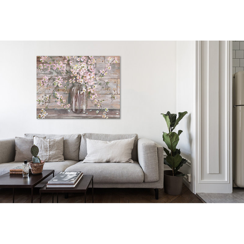 Blossoms In A Mason Jar: Pink & Grey - Wrapped Canvas Print, 91 cm H x 122 cm W