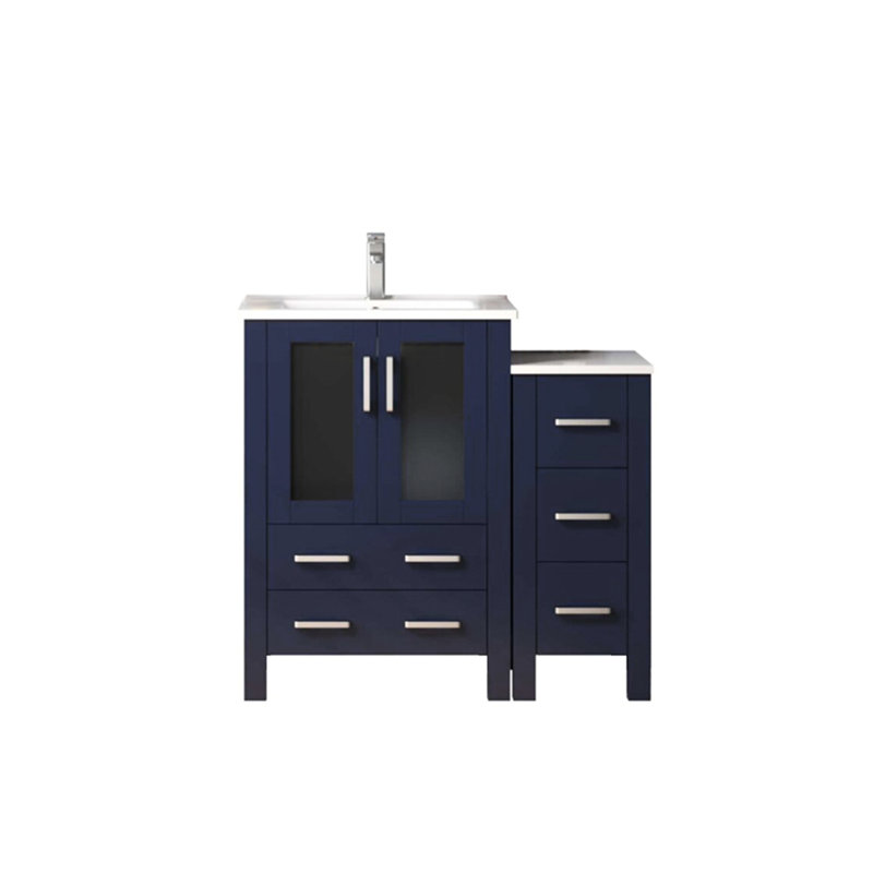Bleu marine 36 po Large meuble-lavabo simple avec armoire latérale, robinet et teinture - Cinq tiroirs supérieurs, surface intérieure