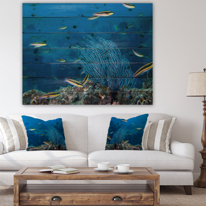 « gorgonia corail on the deep blue ocean », photo, H 30 po x l 40 po x P 1,5 po, Bois