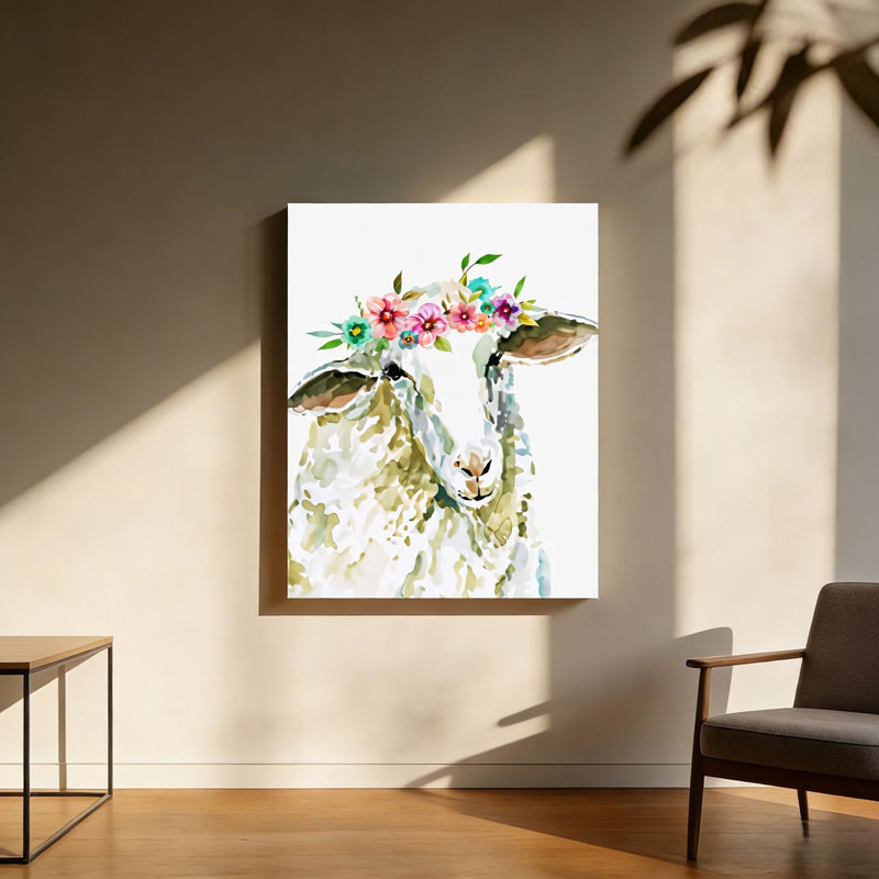 Flower Crown Sheep, cadre en bois à l'arrière intégré, 20 po x 30 po