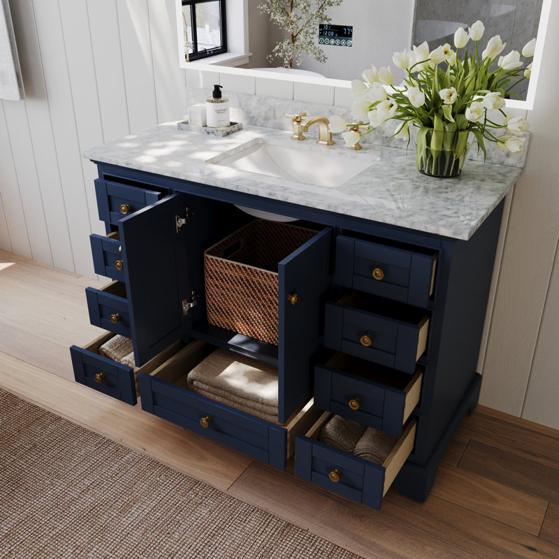 Ensemble de meuble-lavabo simple 48 po Varna, Bleu héritage / or brossé, Marbre blanc de Carrare