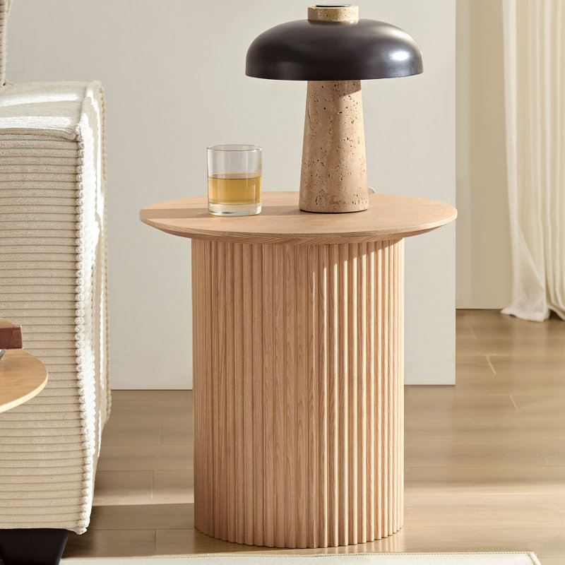 17.7" Round Fluted Side Table - Mid-Century Oak Accent Table, Versatile Circle Design For Living Room Or Bedroom (Multiple Size/Colour Options)