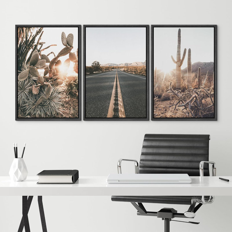 «Cactus Desert», «Road Through The Joshua Tree Landscape», grande impression sur toile 3 pièces, Cadre flottant noir