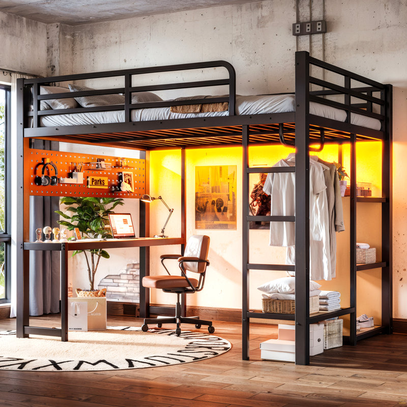 Full Loft Bed with Storage Shelves and Desk, Metal Loft Bed with USB Ports, Lights, and Hanging Rod, Cave Board Design, Black