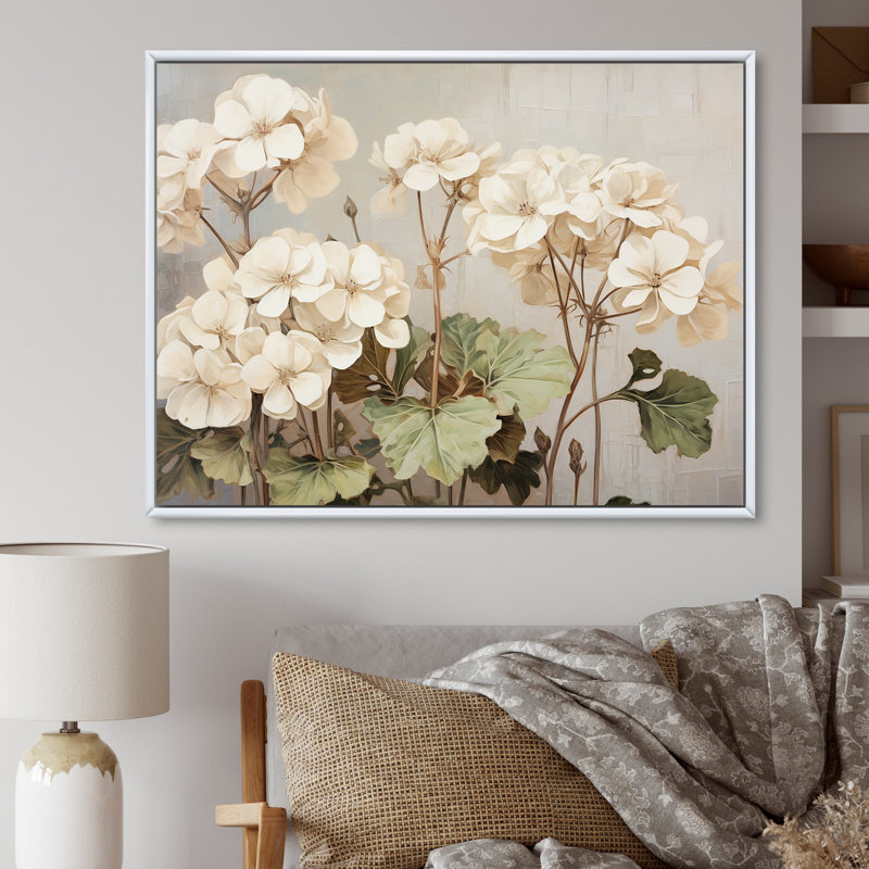 Minimalisme beige géraniums III - impression, Cadre flottant blanc, 16" H x 32" W