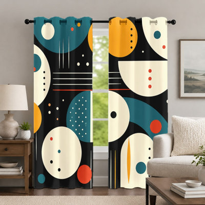 Ensemble de 2 rideaux à œillets à motif géométrique circulaire, style moderne du milieu du siècle, décoration de fenêtre artistique et colorée pour chambre et salon.