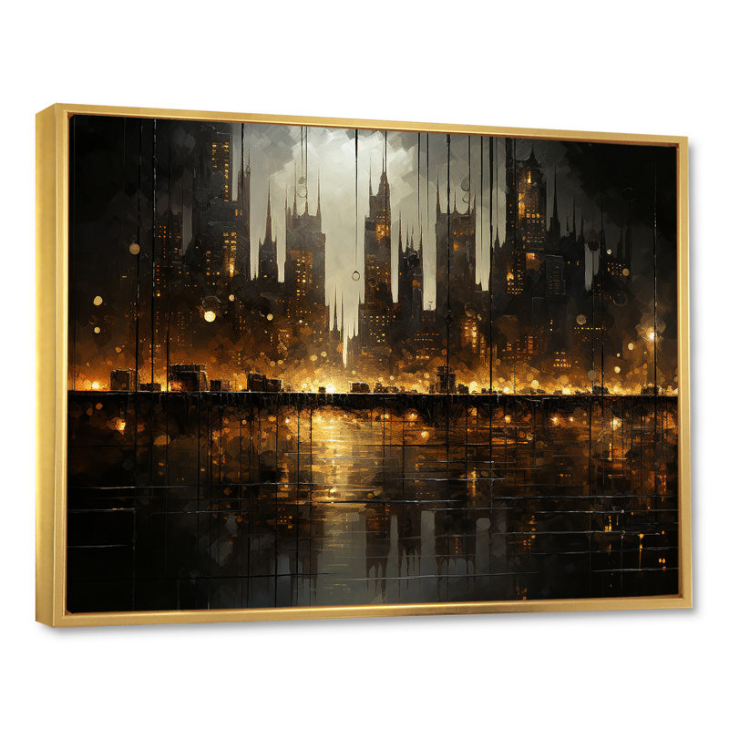 Nyc Cityscape Night Noir I, Cadre flottant doré, H 30 po x l 40 po x P 1,5 po