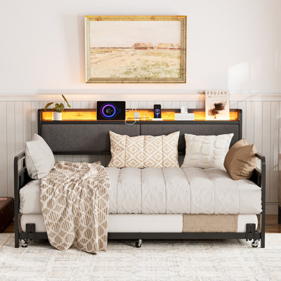 Full Size Daybed With Trundle And Storage Headboard, Upholstered Sofa Platform Bed Frame With Led Lights & Charging Station, Steel Slats Support, For by Ivy Bronx