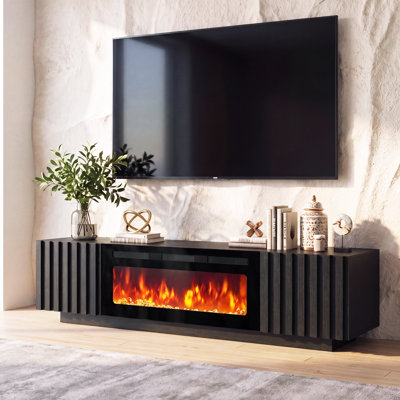 Meuble télé cannelé avec foyer intégré, compatible avec les téléviseurs jusqu'à 75 pouces, noir.