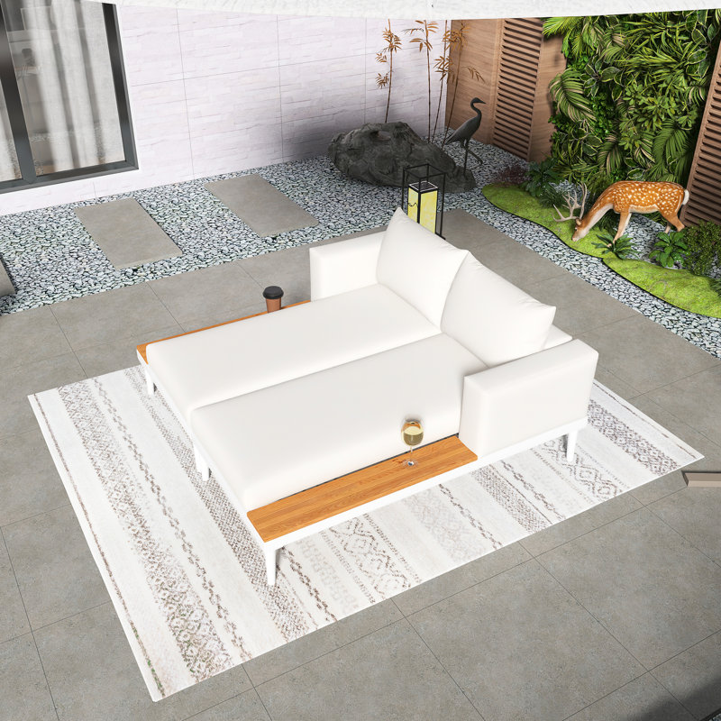 Lit de jour d'extérieur moderne en métal, chaises longues rembourrées 2 en 1, avec espaces latéraux garnis de bois, coussins et coussins fixes et lavables, supports de pieds réglables, faciles à installer