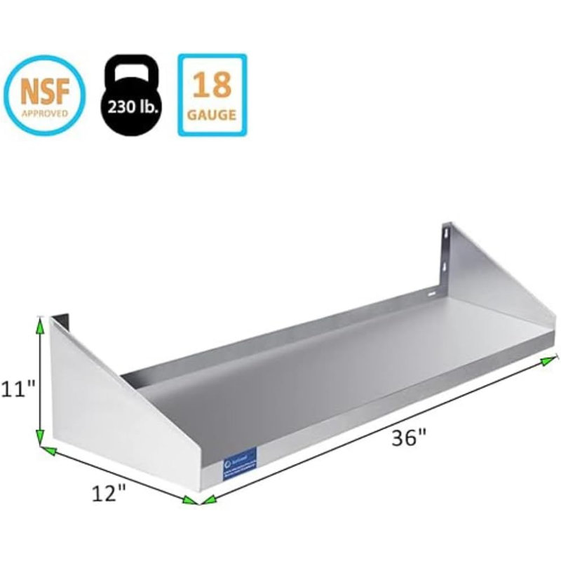 Étagère murale Express KitchQuip 91,4 cm (L) x 45,7 cm (P) en acier inoxydable avec protections latérales, certifiée NSF