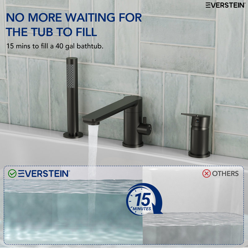 Single Handle Deck Mounted Roman Tub Faucet with Hand Shower, Matte Black