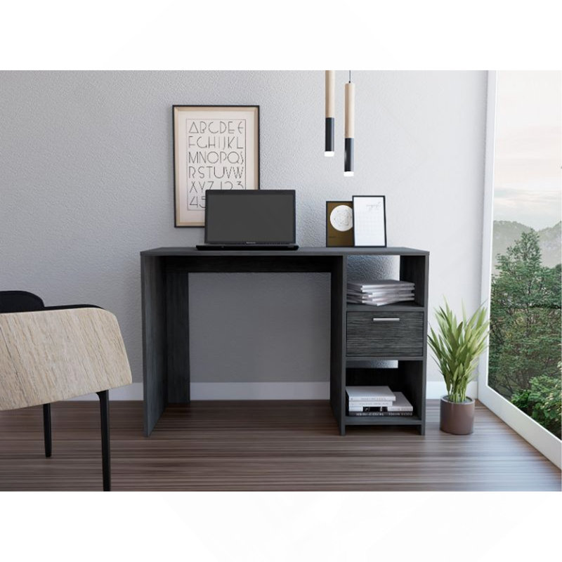 Bureau d'ordinateur avec 1 tiroir et 2 tablettes de rangement ouvertes, chêne fumé, Gray