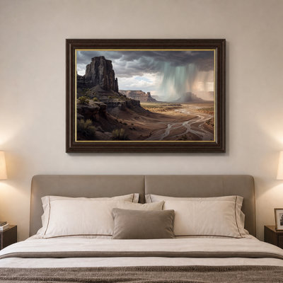 «Brown Desert Canyon Under Storm Clouds with Winding River», art mural sur toile
