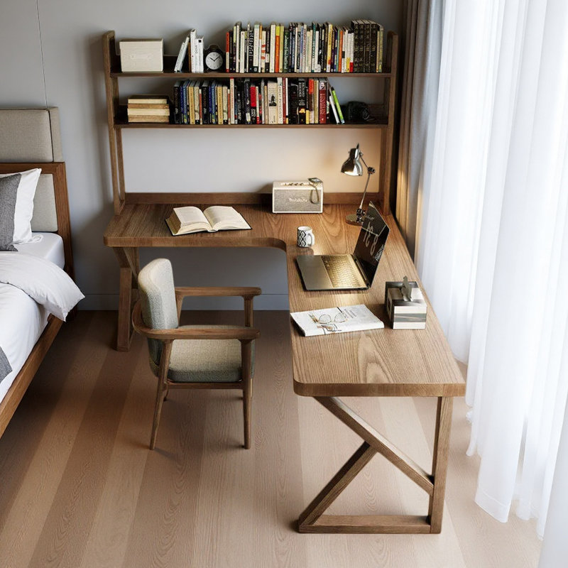 Modern L-Shaped Solid Wood Desk with Bookshelf, 74.8" H x 62.99" W x 47.24" D