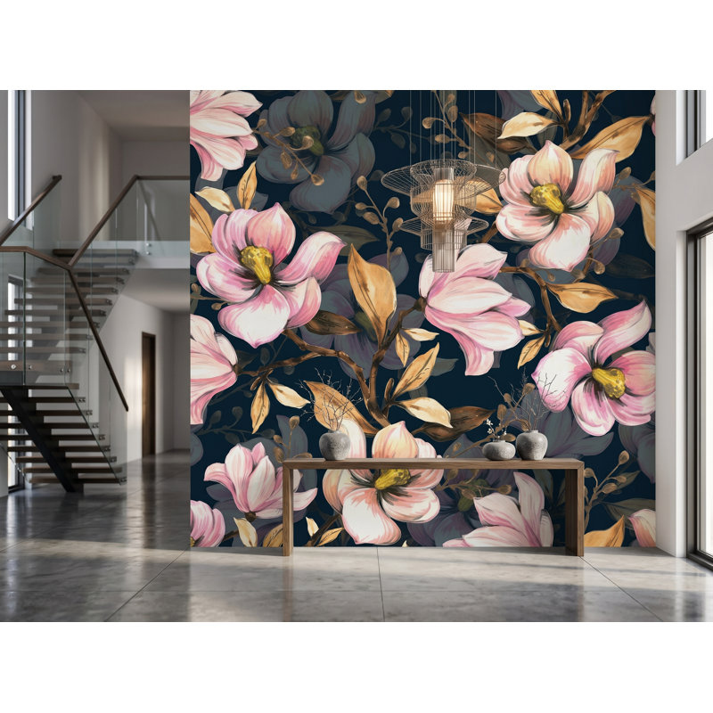 Panneau de papier peint adhésif à fleurs roses et feuilles foncées L 8,33 pi x l 100 po, l 100 po x H 100 po, adhésif en vinyle