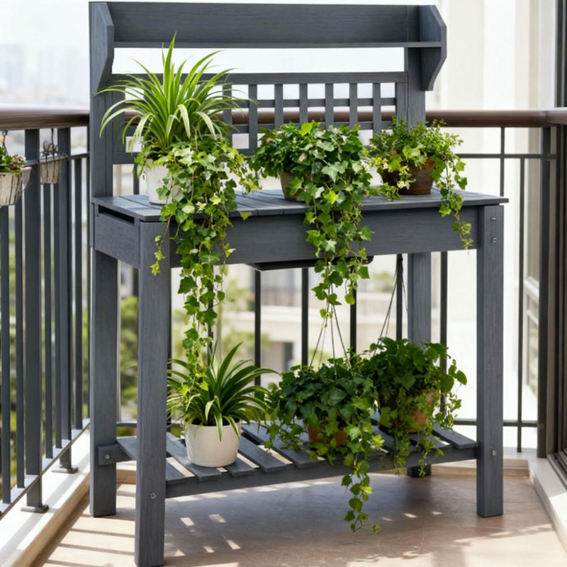 Poste de travail en bois, table de rempotage d'extérieur, avec plateau coulissant, tablette de rangement et évier sec, pour serre, jardin, patio