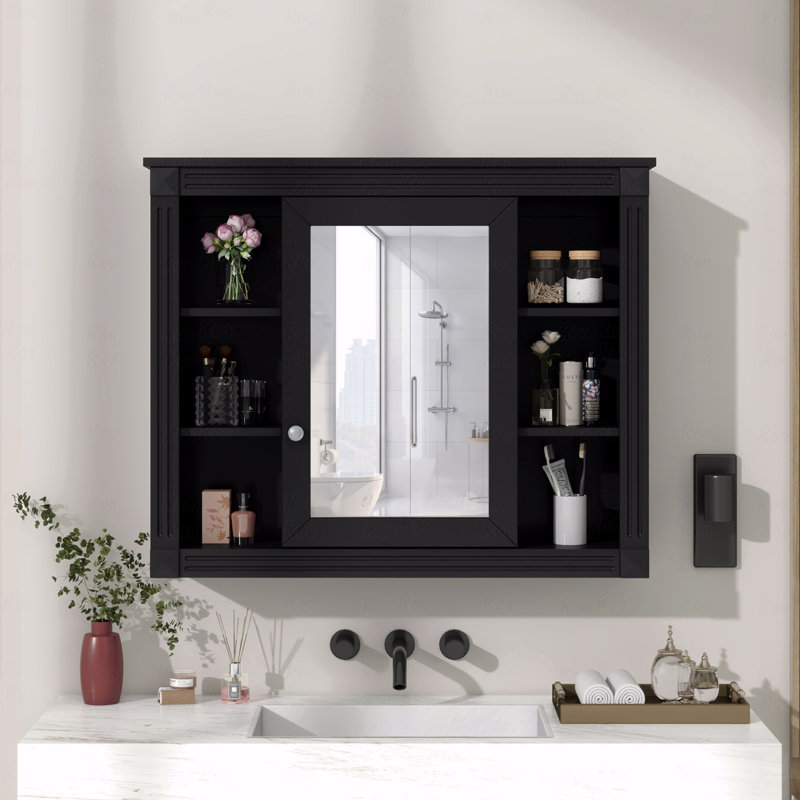 Armoire de rangement murale 35 po x 28 po, armoire à pharmacie, armoire murale moderne avec miroir, armoire à miroir avec 6 tablettes ouvertes (meuble-lavabo non inclus)