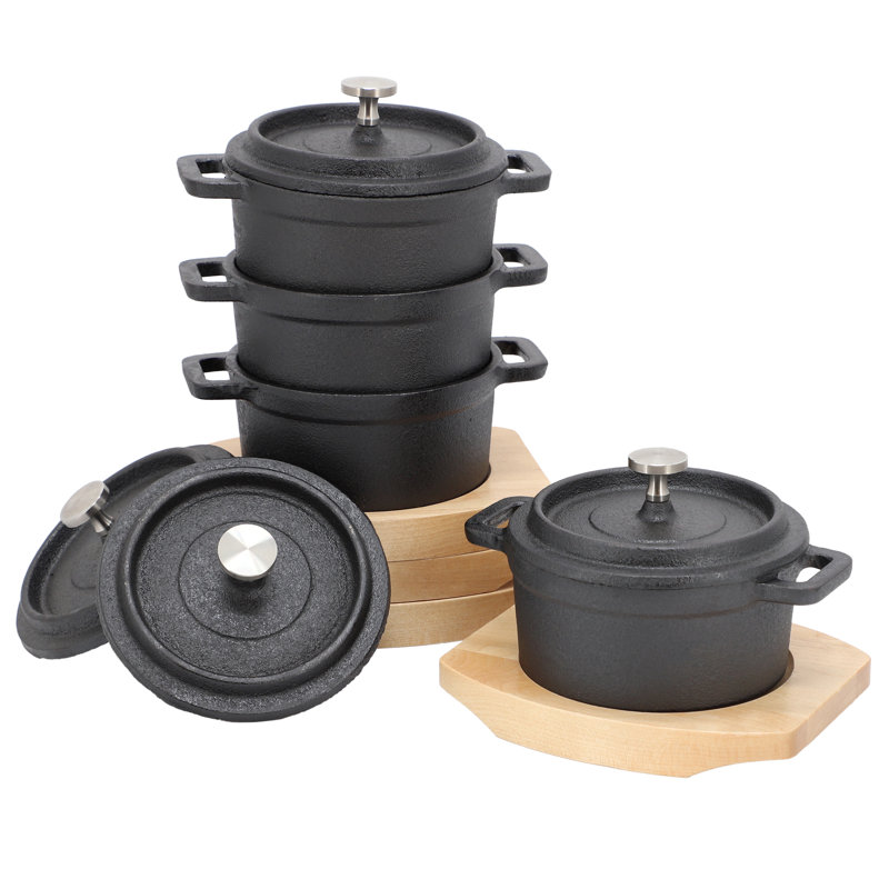 Mini cocotte en fonte 8 pièces avec plateau en bois 4 pièces MegaChef