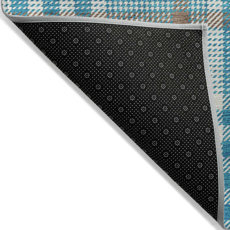 Teal and White Synthetic Washable Rectangular Rug