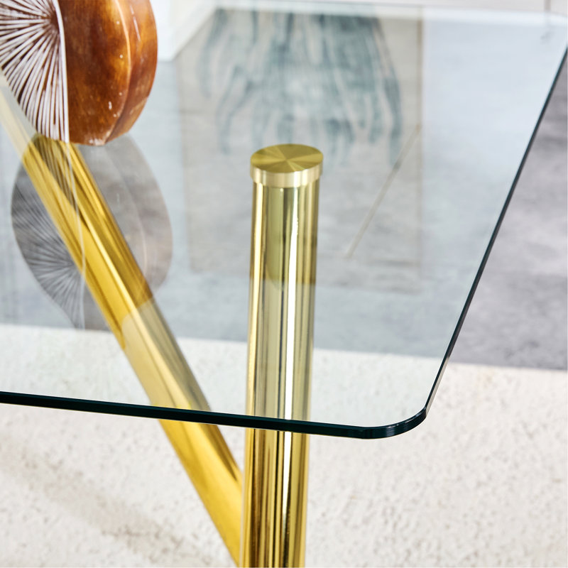 Table de salle à manger en verre trempé avec pieds en métal, Doré