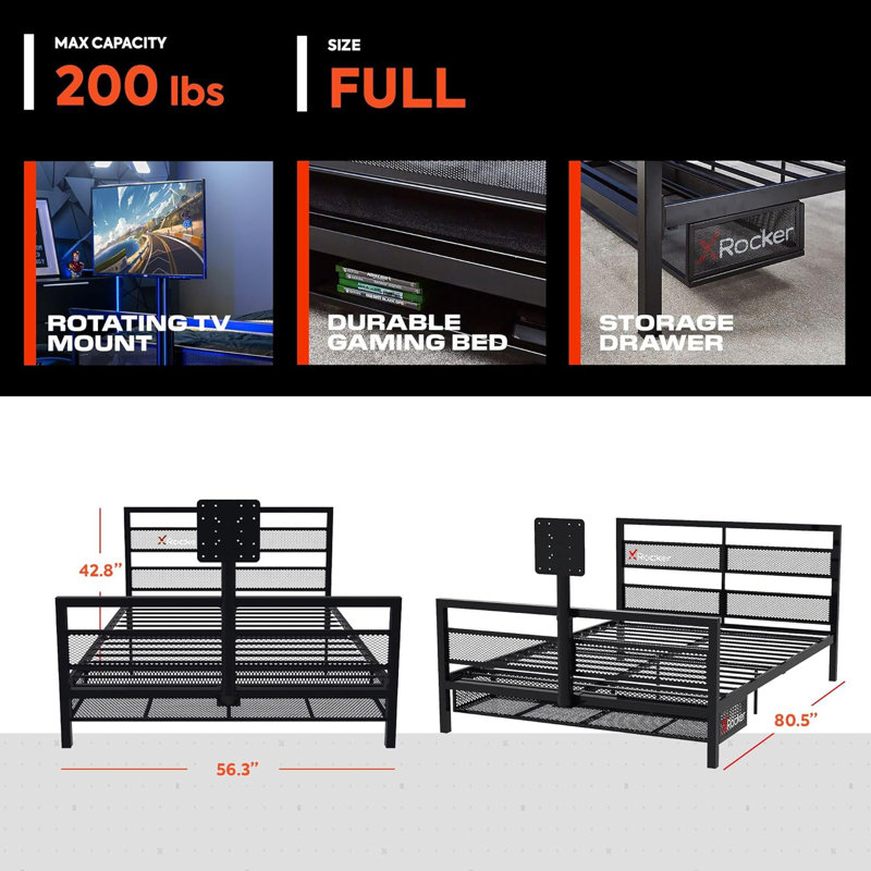 Full Size Gaming Bed With 180° Rotating Tv Mount And Vented Console Storage