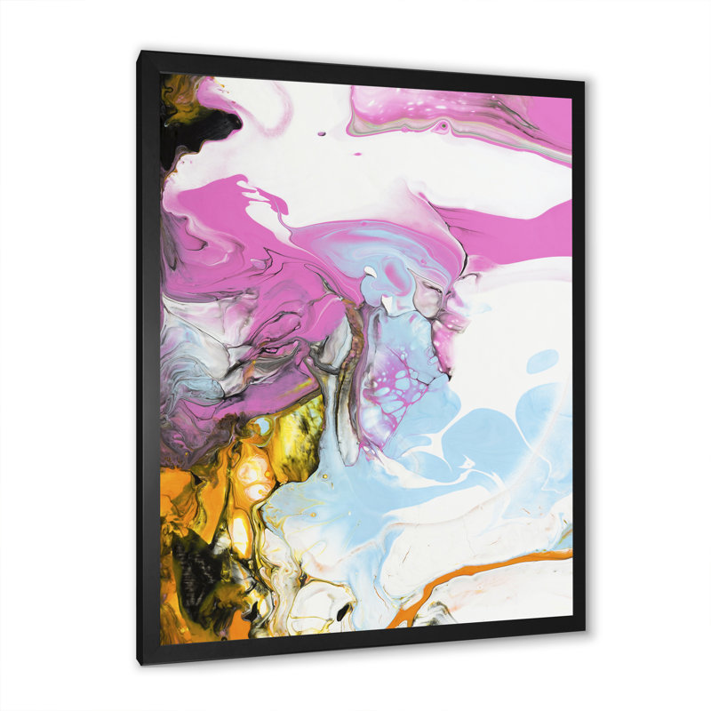 Rose, bleu et jaune liquide Art II - peinture sur toile, H 44 po x l 34 po x P 1,5 po, Cadre d'angle fermé noir