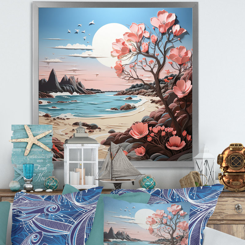 Papercut rose I Beachside Bloom, H 24 po x l 24 po x P 1 po, Cadre simple argenté